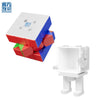 A MoYu RS3M V5 3x3 magnetic speed cube shown in various colors and disassembled pieces.