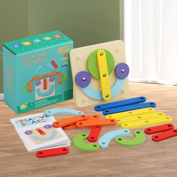 A set of wooden geoboards and construction pieces in various colors, including green, yellow, blue, and red, displayed next t
