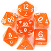 A collection of orange acrylic dice showing various numbers and shapes for tabletop role-playing games
