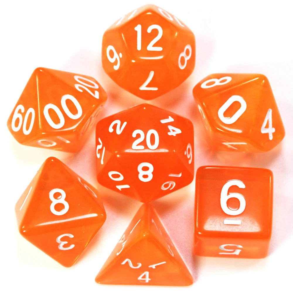 A collection of orange acrylic dice showing various numbers and shapes for tabletop role-playing games