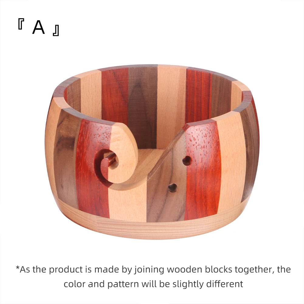 Handcrafted wooden yarn bowl featuring striped wood grain and a swirl cutout design.