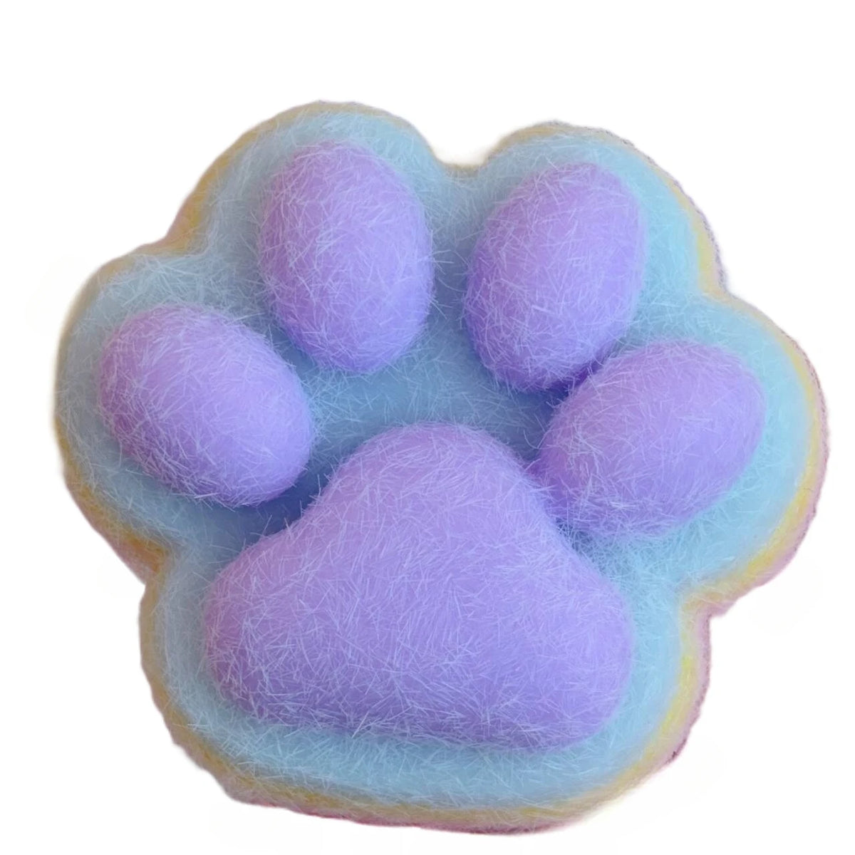 A soft, purple cat paw shaped squishy fidget toy made of mochi-like material.