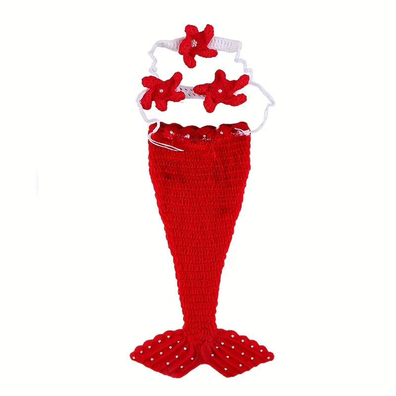 Red knit mermaid tail skirt with a pearl headband for newborn photoshoot