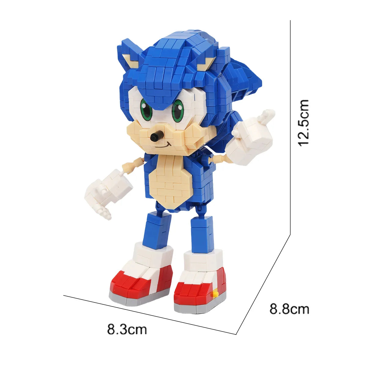 A blue and white Sonic the Hedgehog dinosaur building block figure standing on a white base.