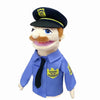 A plush hand puppet of a male character wearing a blue uniform shirt and a dark cap with a yellow emblem.