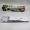 A white handheld insect catcher with a clear lens and a black handle is shown next to its retail box.