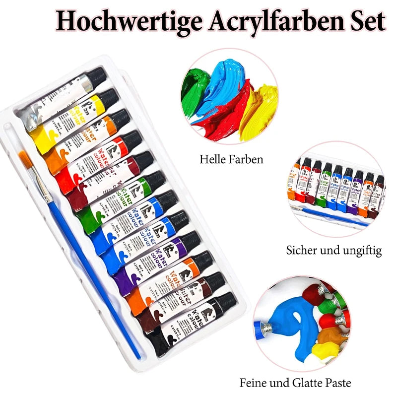 A set of twelve high-quality acrylic paints in various colors, including bright blues, reds, and yellows, displayed with a pa