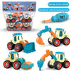 A set of DIY truck and construction vehicles in various colors including yellow, blue, orange, and red.