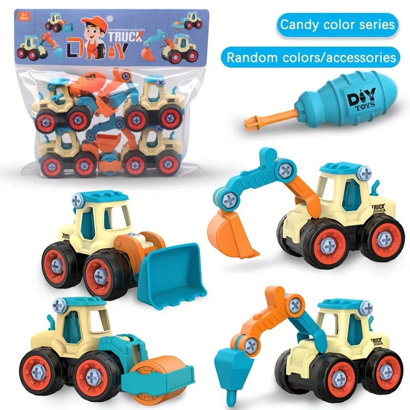 A set of DIY truck and construction vehicles in various colors including yellow, blue, orange, and red.