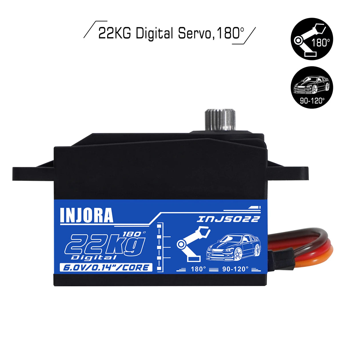 Black INJORA 22KG Digital Servo with 180 degree rotation capability and mounting bracket.