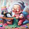 A smiling elderly woman with gray hair is using a sewing machine to create an elegant portrait.