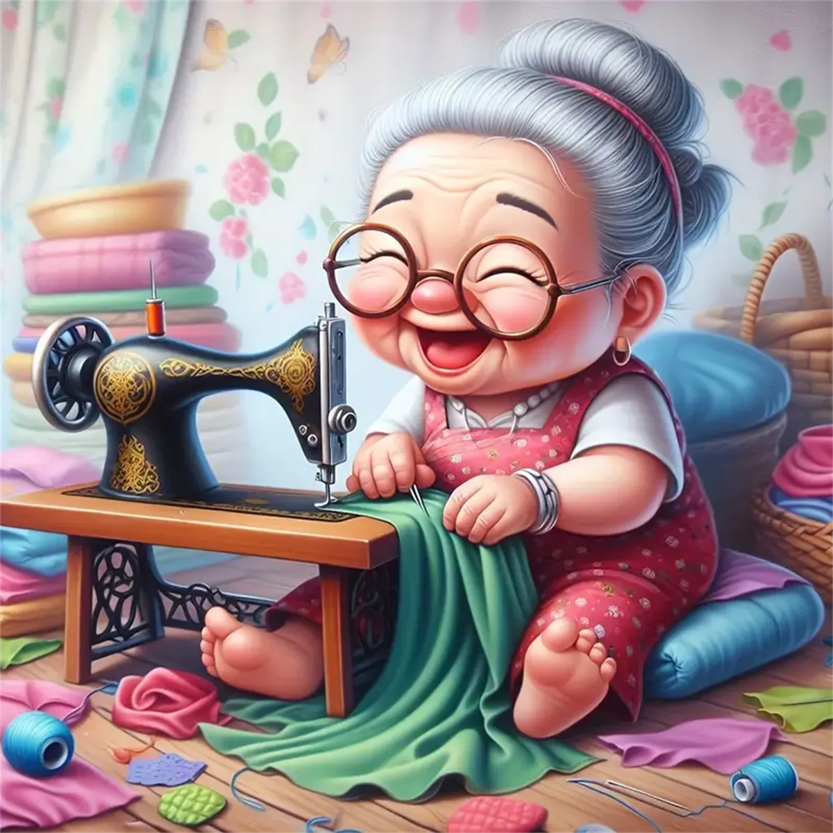 A smiling elderly woman with gray hair is using a sewing machine to create an elegant portrait.