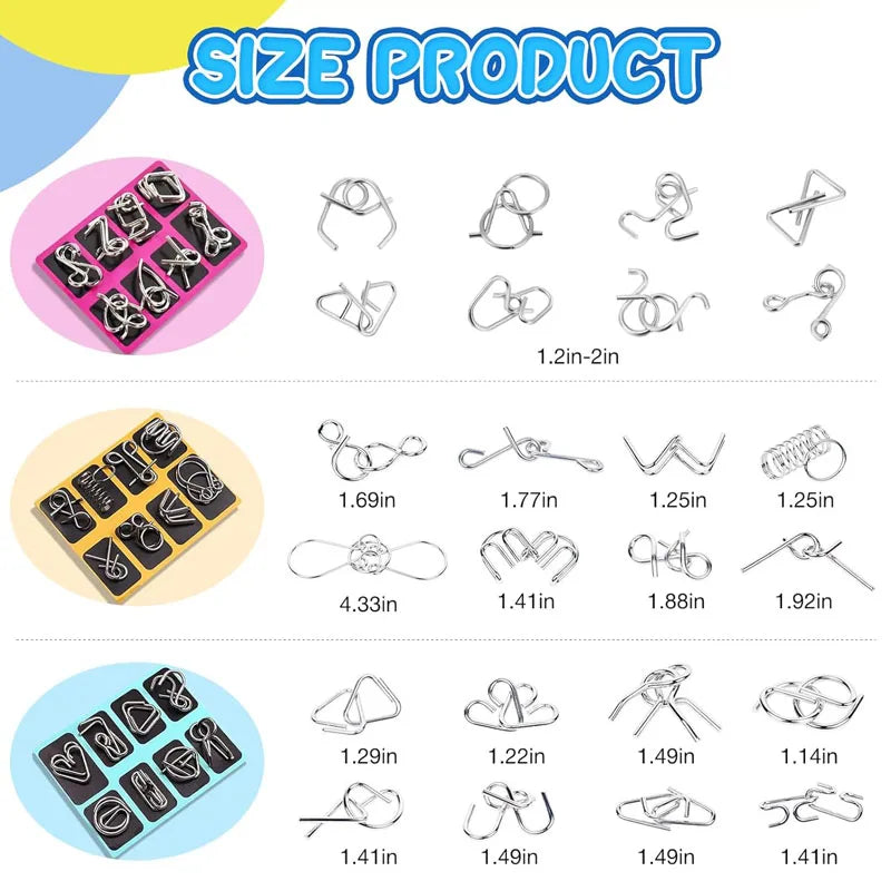 A collection of metal wire puzzles and brain teasers in various sizes and shapes.