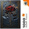 A detailed jigsaw puzzle featuring a dark red rose on a branch against a dark, textured background.