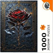 A detailed jigsaw puzzle featuring a dark red rose on a branch against a dark, textured background.