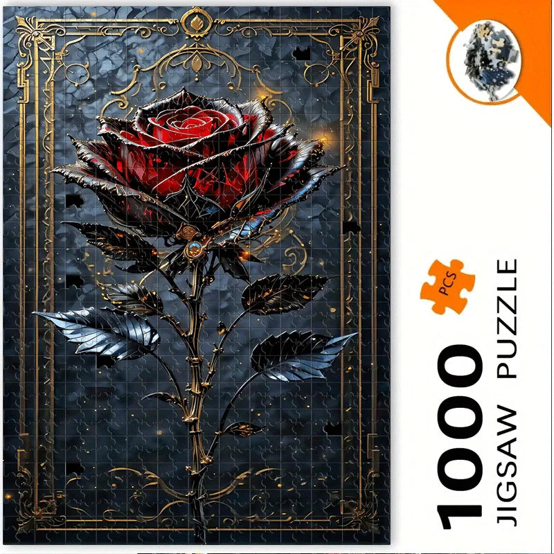 A detailed jigsaw puzzle featuring a dark red rose on a branch against a dark, textured background.