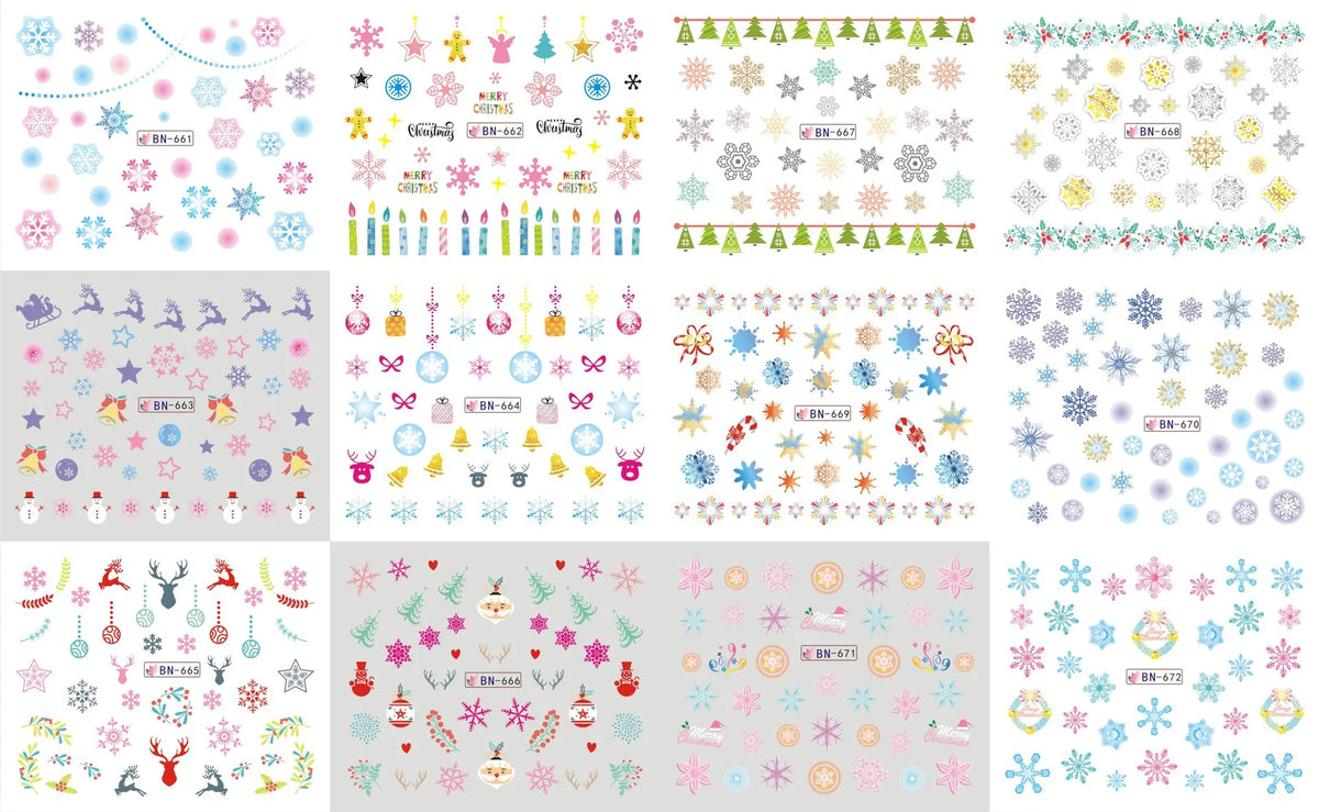A collection of festive Christmas designs including snowflakes, trees, and ornaments for nail art stickers.