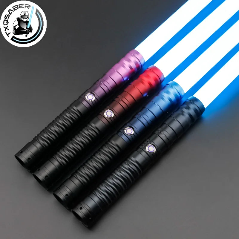 A close-up view of an RGB lightsaber toy with a metal handle and rechargeable battery, showing various colored lights.