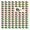 A grid of small lapel pins featuring the Palestinian flag design on a metal badge.