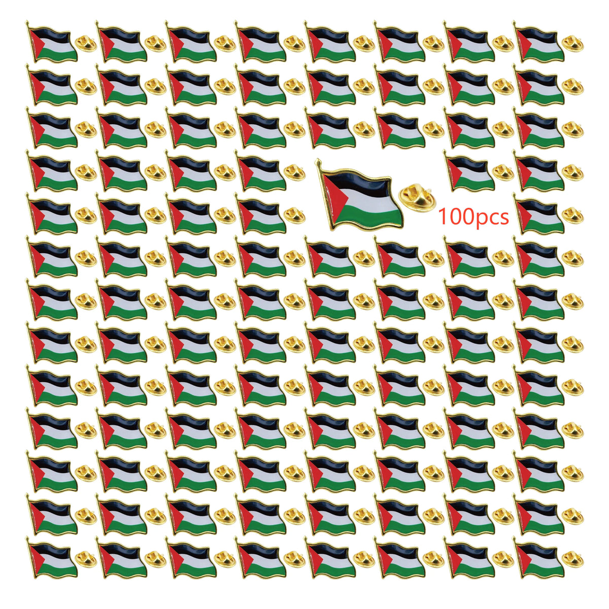 A grid of small lapel pins featuring the Palestinian flag design on a metal badge.