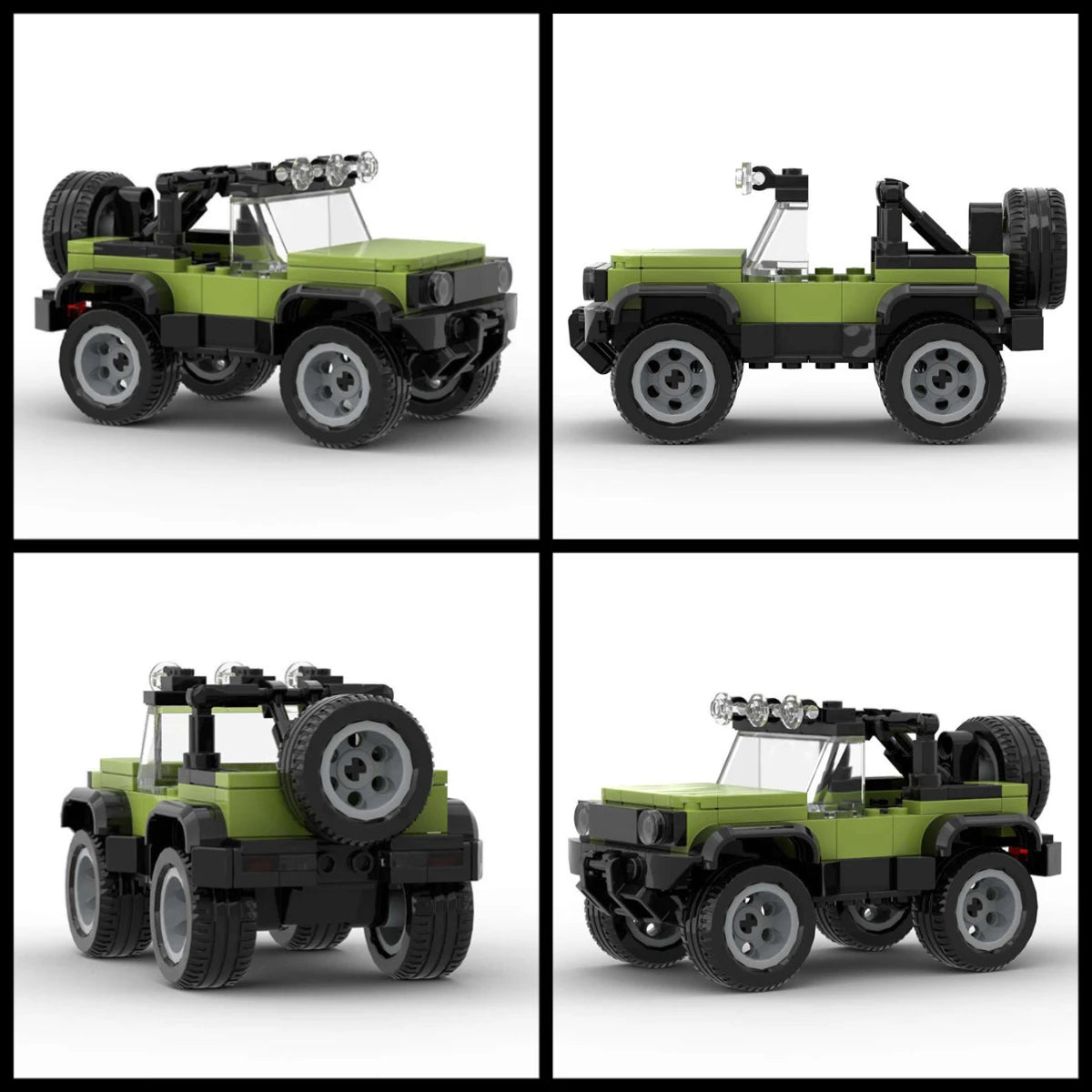 Three views of a green and black detailed off-road SUV building block set.
