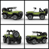 Three views of a green and black detailed off-road SUV building block set.
