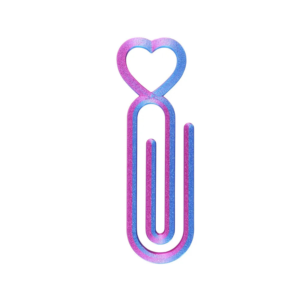 A pair of heart-shaped canvas clips in iridescent purple and blue.
