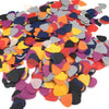 A pile of assorted colored celluloid guitar picks in various thicknesses.