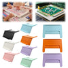 A collection of colorful foldable mahjong card holders and stands in various colors like teal, orange, pink, and purple.