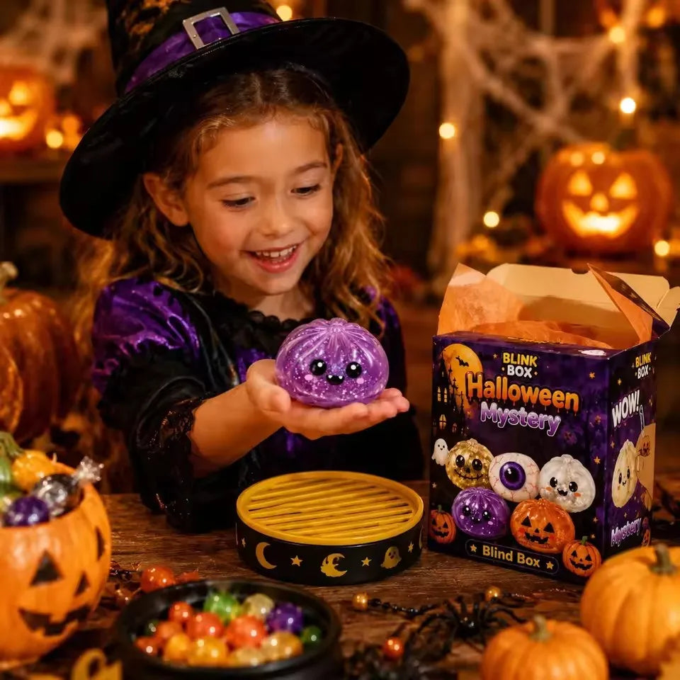 A young girl holds a purple Halloween mystery slime stress ball in front of a box of Halloween mystery toys.