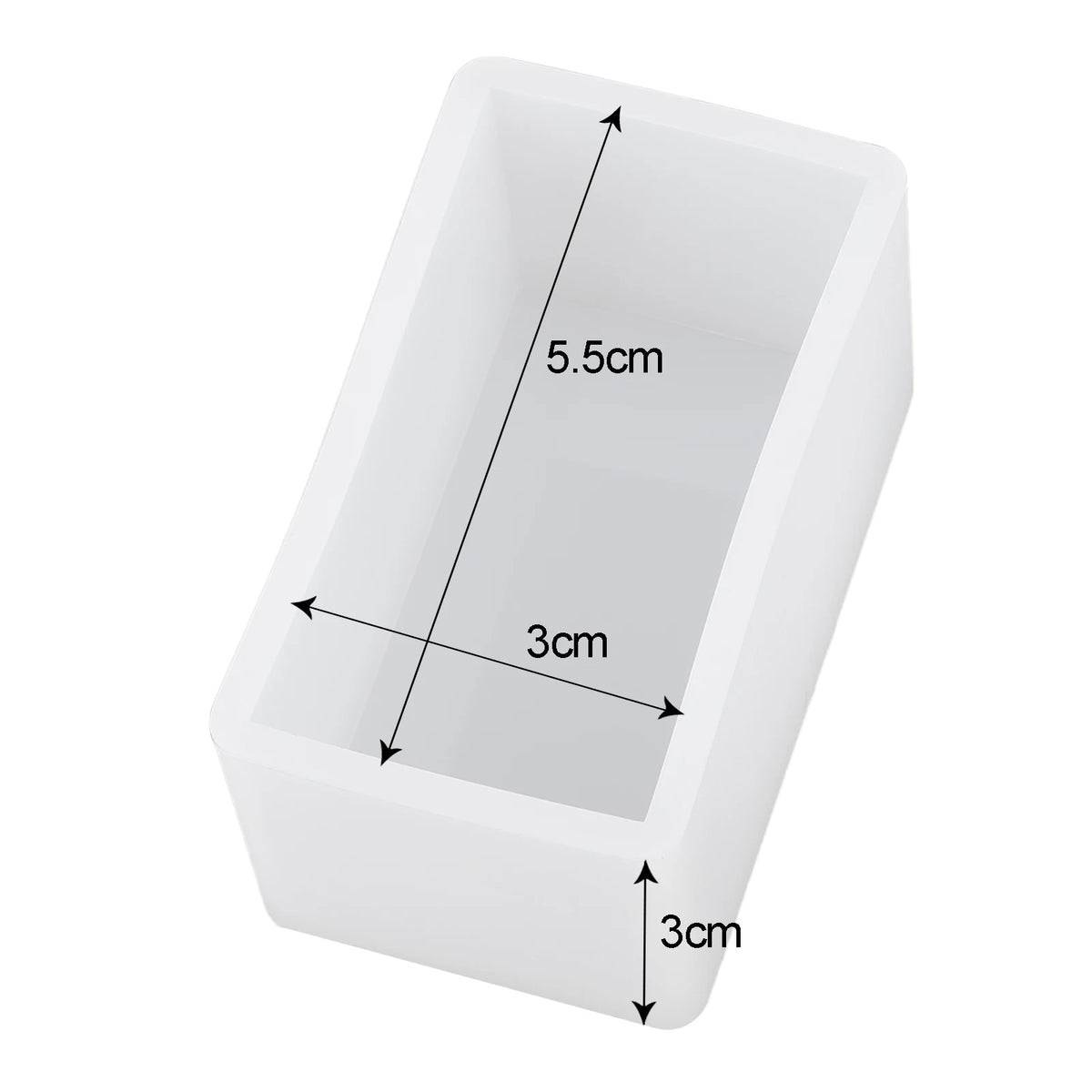 White geometric resin casting mold with dimensions 5.5cm by 3cm deep and 3cm wide.
