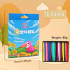 A box of 12 colored washable non-toxic crayons with ergonomic triangular grips is shown next to a set of individual crayons.