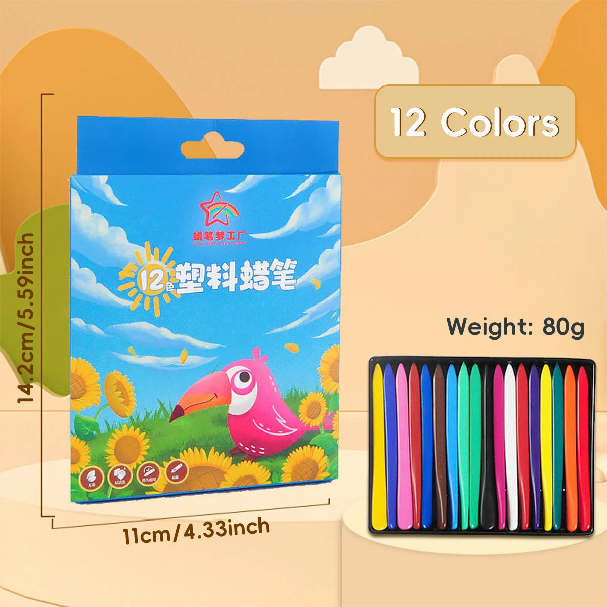 A box of 12 colored washable non-toxic crayons with ergonomic triangular grips is shown next to a set of individual crayons.