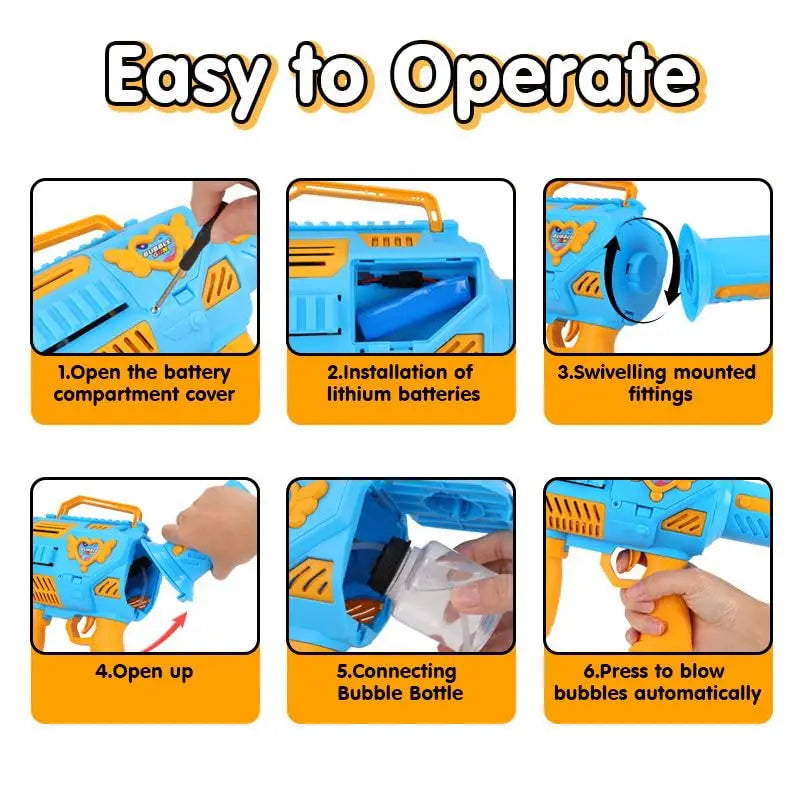 Step-by-step instructions showing how to operate a rechargeable bubble blaster including battery installation and bubble bott
