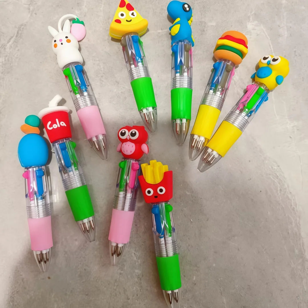 A collection of cute cartoon four-color ballpoint pens in various bright colors and designs.