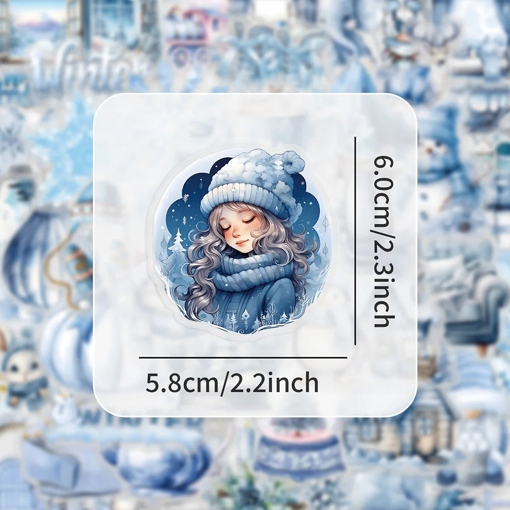 A watercolor sticker featuring a girl with long wavy hair wearing a blue winter hat and scarf against a snowy background.