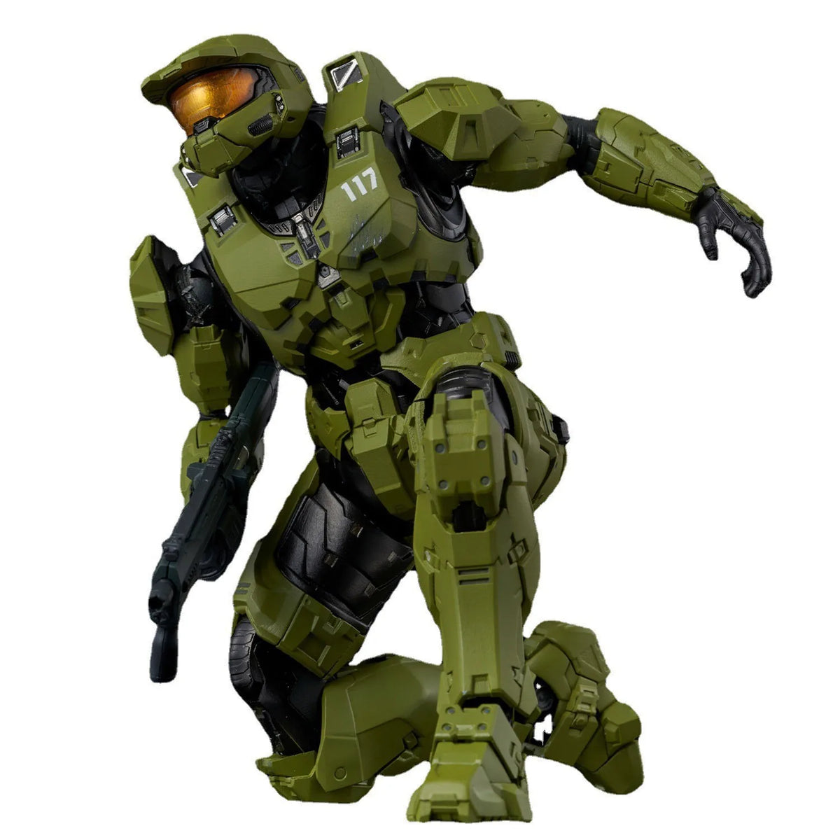 A 1/12 scale Master Chief action figure in olive green armor, shown in a dynamic pose.