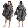 A gray fuzzy hoodie sweater with yellow floral patterns shown on a girl and a boy.