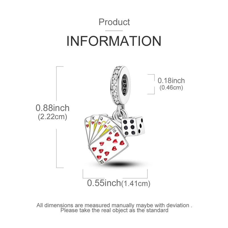 A silver heart charm featuring a playing card design with red and black dots.
