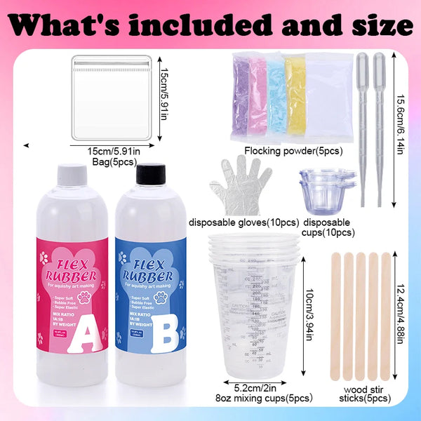 Silicone squishy making kit including rubber, powder, gloves, cups, and stir sticks