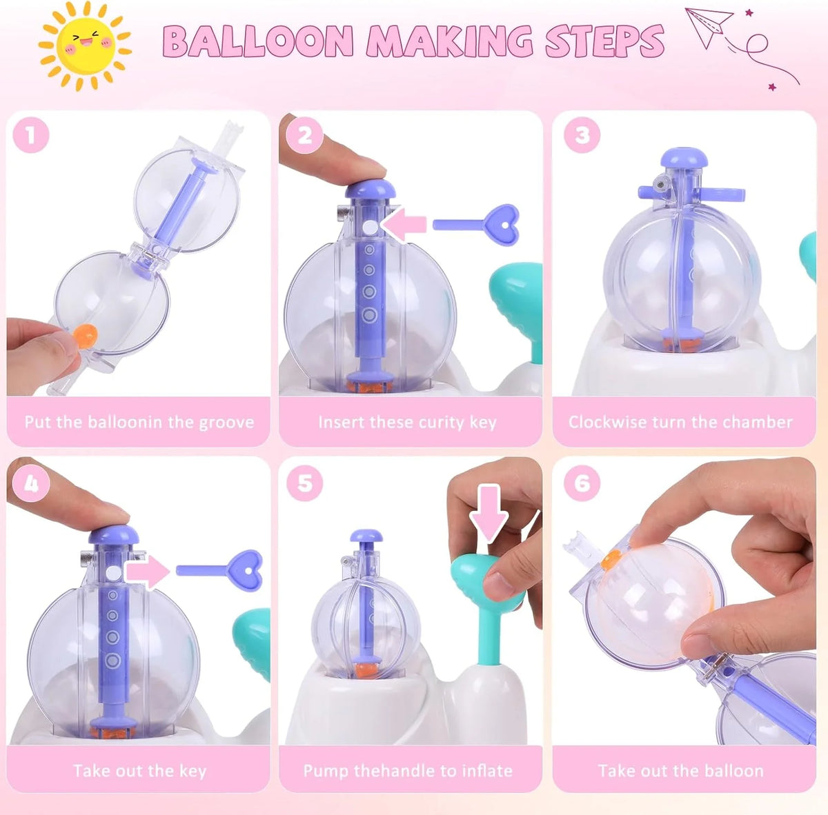 Six steps showing how to make a balloon animal using a kit with a pump and decorations