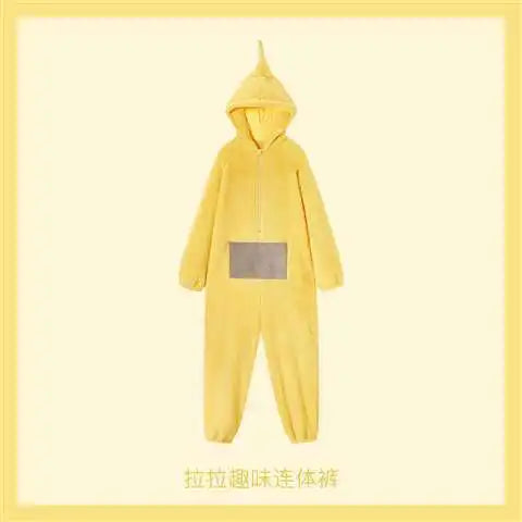 Yellow one-piece pajama costume inspired by Teletubbies for adults and kids