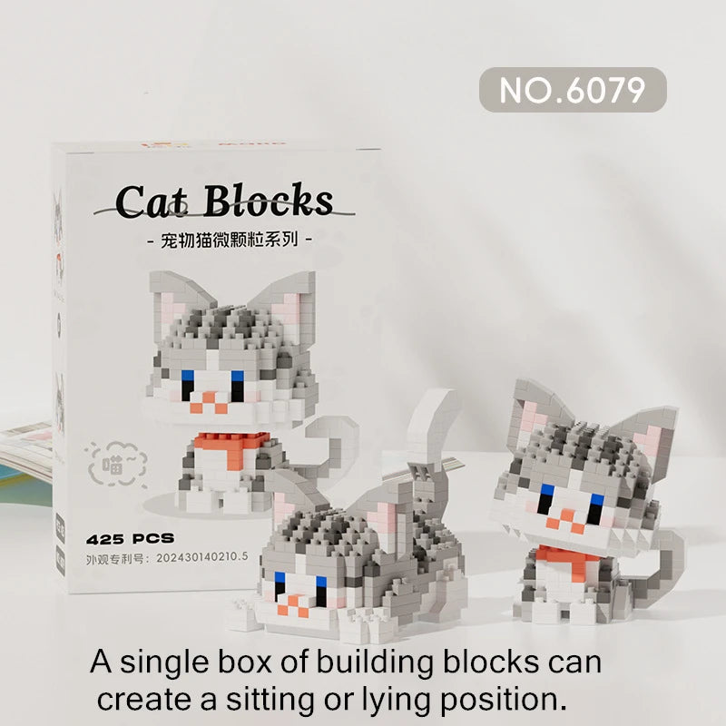 A box of Cat Blocks building blocks featuring a cat figure and various pieces for creating sitting or lying positions.