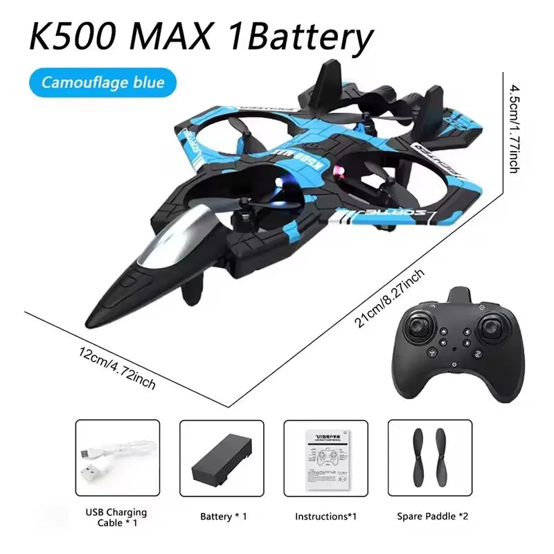 A black and blue K500 MAX battery-powered stunt glider with a remote control and spare paddle shown next to accessories.