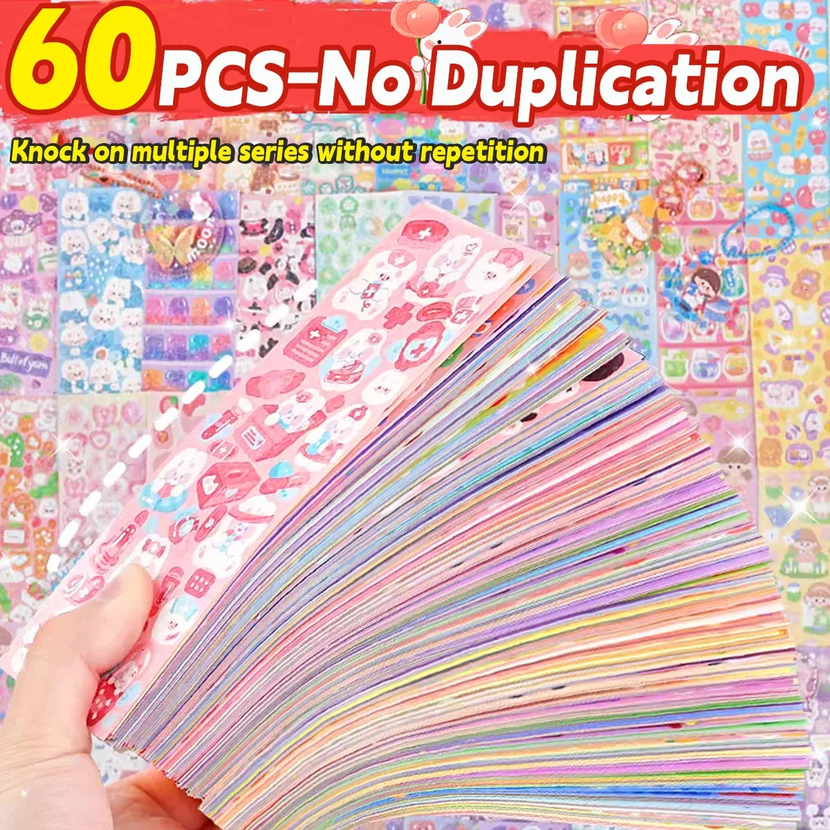 A hand holds a fan of colorful kawaii cartoon stickers for DIY crafts and school supplies
