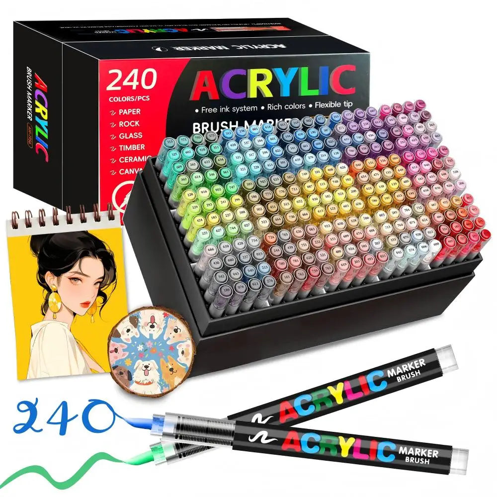 Ein Set von 240 Acryl-Malerkugelschreiber in einer schwarzen Box und einem offenen Behälter mit verschiedenen Farben.