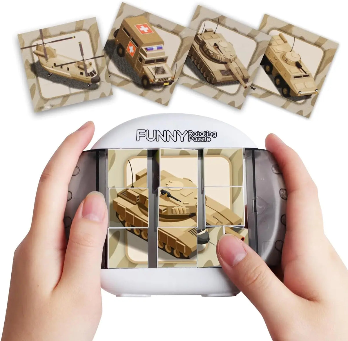 A hand holds a white rotating puzzle featuring four miniature military tanks for a kids educational fidget toy.