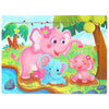 A wooden tangram puzzle set featuring pink and blue elephants in a jungle scene.