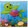A colorful jigsaw puzzle featuring a green dinosaur and a purple fish on a blue background.