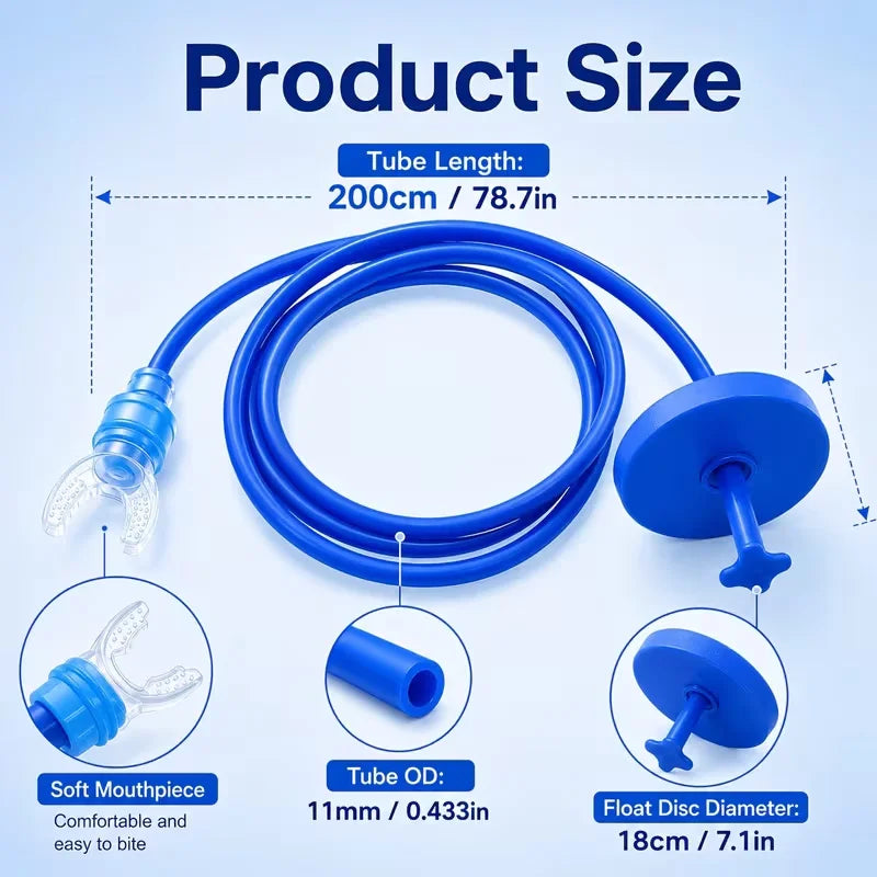 Blue silicone breathing tube with a float disc and mouthpiece shown with dimensions.
